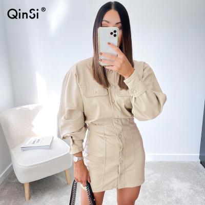 China QINSI 2021 Streetwear Fashion Casual Solid Khaki Breathable Clothing O Neck Pu Leather Women Sheath Long Bodycon Dress Women Mini for sale