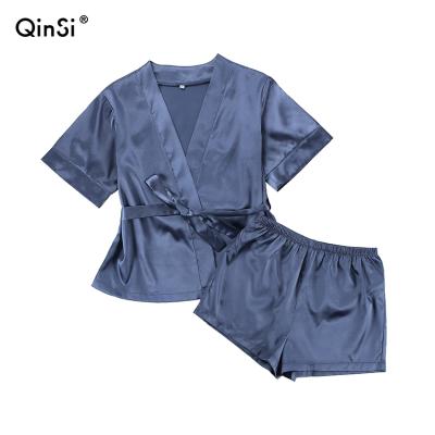 China QINSI Shorts Style Soft Women Breathable Satin Pajamas Casual Female Pajamas Set Women Homewear for sale