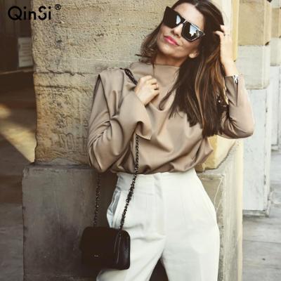 China QINSI Outwear Breathable Women Solid Shirt Blouses O Neck Long Sleeve Tops Transparent Slim Shirt Bodycon Club Blouse for sale