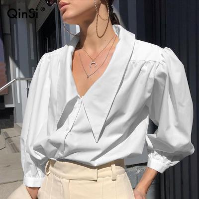 China QINSI Breathable Minimalist Loose White Shirts For Women Turn-down Collar Solid Female Shirts Main 2022 Spring Summer Blouses for sale