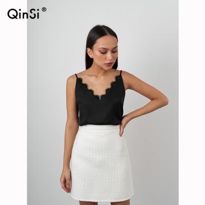 China QINSI Breathable Colored Women Invest V Neck Lace Spaghetti Strap Tank Tops Shirts Blouse Camisetas Sleeveless Top Casual Mujer for sale