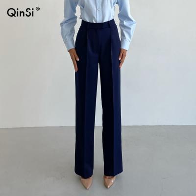 China QINSI Ladies Winter Breathable Pants With Pockets High Waist Trousers Navy Blue Women Office Work Chic Straight Trousers for sale