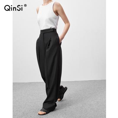 China QINSI Women High Waist Pants Pockets Breathable Female Pleated Wide Leg Pants 2022 Spring Summer Ladies Office Solid Black Trousers for sale