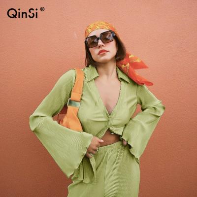 China QINSI 2 Sets Vrouwen 2021 Crop Top Breathable Casual Solid Green Koord Long Bijpassende Set Zomer Athleisure Equipments for sale