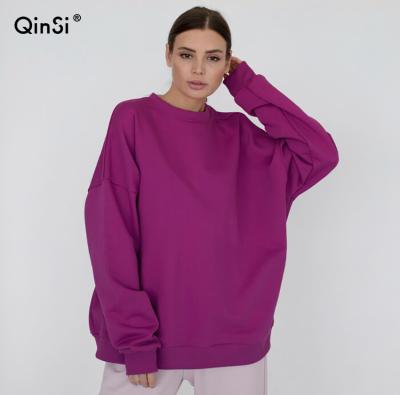 China QINSI Winter Breathable Sweatshirt Vrouwen Fashion Casual Sportief Paars 2021 Ronde Hals Katoen Losse Trui Vrouw Kleding Lange Mouw Eenvoud for sale