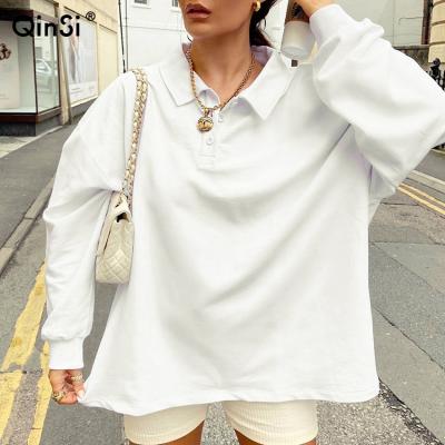 China QINSI Spring Autumn Casual Solid Turn Down Collar Breathable Women Long Sheath Main Female Irregular Button Sweatshirts 2021 for sale