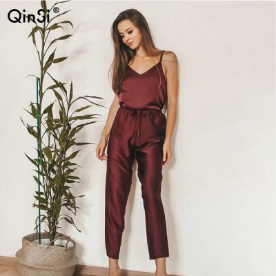 China QINSI Autumn 2022 Ladies Satin Pajamas Loungewear Breathable Female Halter Top Lady Sleep Wear Womens Pajamas Set Women Silk Pajamas Set for sale