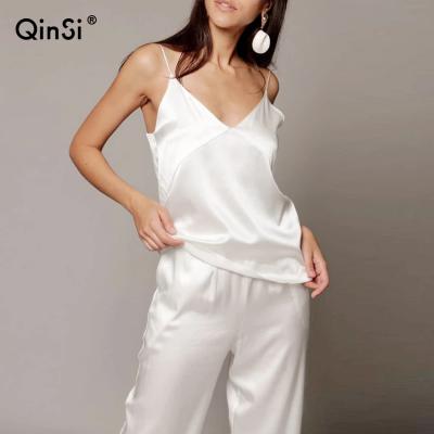 China QINSI Breathable Women's Satin Pajamas Set White Solid Women's Clothing Lounge Wear Autumn Sleeveless Female Pajamas Home Sleepwear for sale