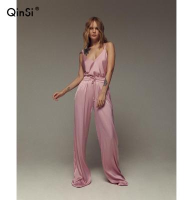 China QINSI Breathable 2 Pcs Loose Lace Up Full Length Home Pants For Women Nightgown 2022 Sleepwear Solid V-Neck Pajamas Set Female Camisole Set for sale