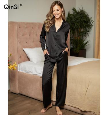 China QINSI Women Breathable Pajamas Loose Casual Home Sleepwear POCKET Winter Nightgowns Sets Female Pants Suit Satin Satin 2 Pieces Set Solid for sale