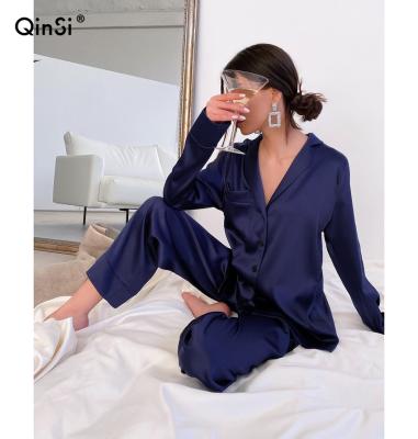 China QINSI Breathable Female Home Suit Sets Nightgowns 2 Pieces Set Pocket Sleepwear Collar Women Blue Pajamas Turndown Long Sleeve Casual Pants for sale