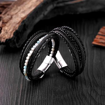 China CLASSIC Simple Multi Layer Stone Bracelet Men's Beaded Bracelet Jewelry Natural Woven Stainless Steel Leather For Men Gift Wholesale for sale