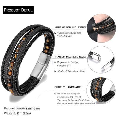 China Factory New Fashion Stainless Steel Wholesale Multi Layer TRENDY Clasp Real Genuine Leather Bracelet Jewelry For Men for sale