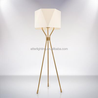 China Contemporary Art Designer Standing Metal Tripod Floor Lamp Home Decor For Living Room Bedroom With Unique Fabric Shade for sale