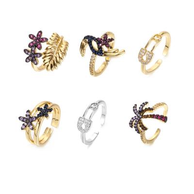 China Wholesale CLASSIC Gold Coconut Tree Rings Women Fashion Diamond Flower Pin Rings Open Gold Ring For Women Gift for sale