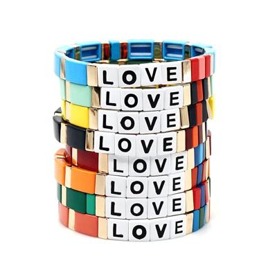 China Wholesale DIY BOHEMIA Letter Bracelet Rainbow Color Enamel LOVE Handmade Style Stretch Bead Rainbow Tile Alloy Unisex Bracelet from Bohemia for sale