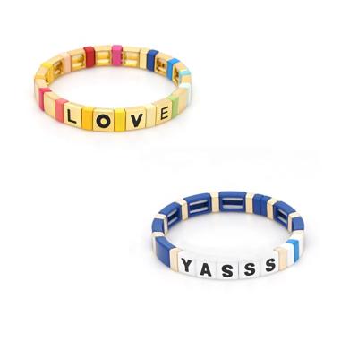 China BOHEMIA Tila Letter Enamel Tile DIY Bracelets Bohemian Love Letter Beads Colorful Elastic Stackable Bracelets Bangles For Women Bracelet for sale