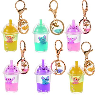 China New Acrylic Creative Cat Milk Tea Cup Quicksand Cartoon Milk Tea Cup Key Chain Tea Cup Charms Key Chain Pendant Keychain for sale