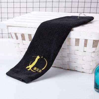 China Portable Custom Black Color Cotton Golf Towel With Embroidered Logo for sale