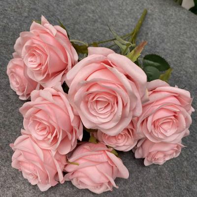 China Beautiful New Design 9 Heads Colorful Dusty Rust Blue Silk Rose Artificial Flower Bouquet For Wedding Home Decoration for sale