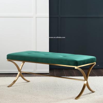 China Trendy American Modern Living Room Furniture Green Velvet Morden Ottoman Bench With Stainless Steel Leg European Fashion Home Ottoman for sale