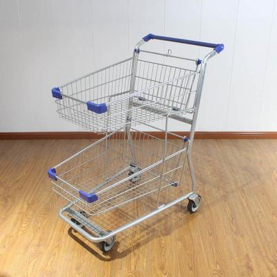 China Galvanizado Trolley de compras de duas camadas com logotipo de impressão Trolley de compras de metal à venda