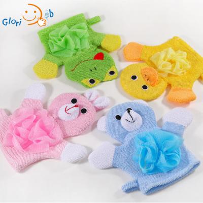 China Cute Bath Mitt Baby Glove Hand Puppet Long Handle 4 Pcs Cartoon Terry Cloth Puppet Bath Sponge Mitts For Kids for sale