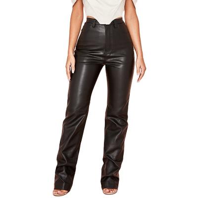 China Product PU Leather High Waist Fleece Pants Breathable Hot Selling Straight Pants for sale