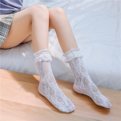 China Breathable new arrivals white silk stockings stretch ankle socks for women elegant mid tube bangs slim hollow jacquard lace stockings girls for sale