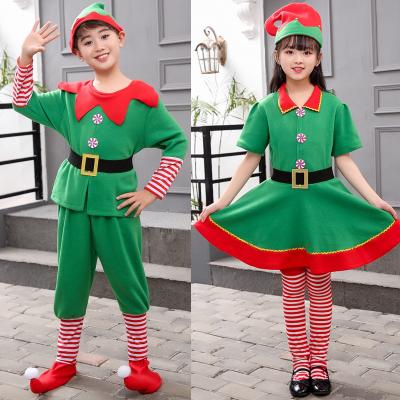 China New Design Cute Children's Green Christmas Party 5 Piece Performance Costume Set Lapel Splice Striped Santa Claus Dress Set For Kids for sale