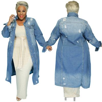 China Viable Hot Sale Light Blue Oversized Denim Jacket For Women Vintage Single Breasted Hole Jean Coats Long Plus Size Denim Jackets for sale