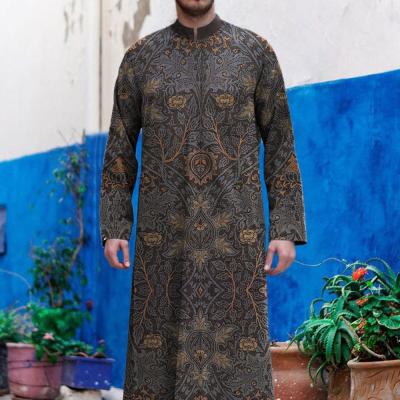 China Hot Selling Comfortable Feel Brown African Arabic Long Sleeve Turn Down Collar Plus Size Print Dubai Abaya Muslim Daffah Thobes Men for sale