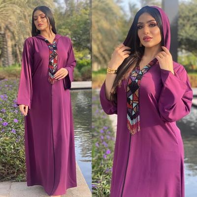 China Comfortable Feeling For Clothing 2021 Autumn Dubai Vintage V-Neck Maxi Dress Hooded Print Women Muslim Oversized Elegant Purple Long Sleeve Long Sleeve for sale