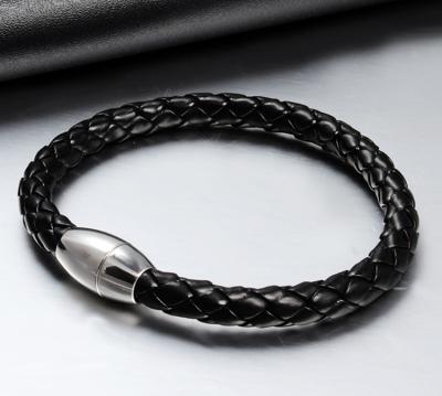 China Minimalist Custom Jewelry Black Braided Leather Bracelet For Men Stainless Steel Magnet Clasp High Finish for sale