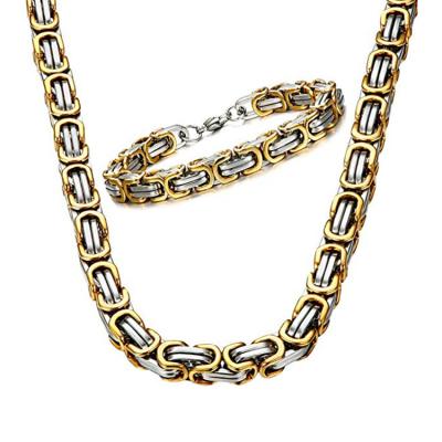 China Stainless Steel Mens Stainless Steel Jewelry Set IP Plated Two Tone Byzantine Necklace and Bracelet Set for sale