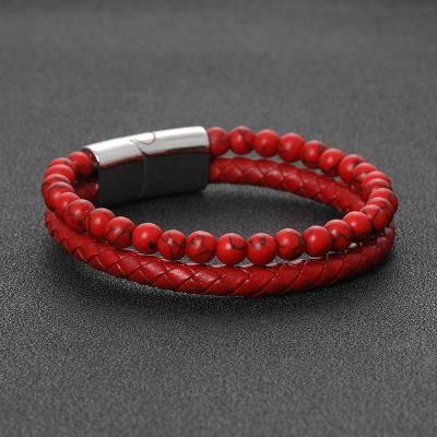 China New Arrivals FASHIONABLE Magnetic Bracelet Custom Lava Stone Beads Red Braided Leather Mens Bracelets Tasty Gift for sale