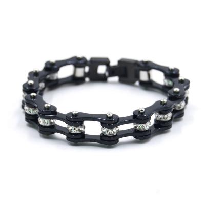 China Punk Hiphop Bike Chain Bracelets CZ Beads Hiphop Charm Mens Stainless Steel Black Biker Chain Bracelets for sale