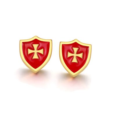 China Hiphop Fashion Gold Earrings Jewelry Stainless Steel Black Men Cross Shield Stud Earrings and Red Enamel for sale