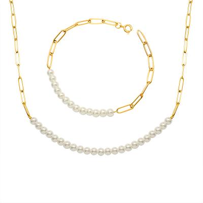 China Fashion Trendy Women's Gold Chain Pearl Necklace and Bracelet Set Half Pearl Necklace Jewelry Set Thin Freshwater Paperclip Half Chain for sale