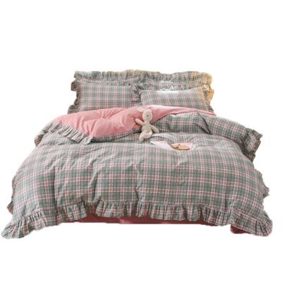 China New Design Cotton Double Plaid Lace Ruffle Pure Cotton Simple Nordic Four Piece Bedding Set for sale