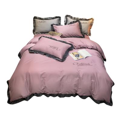 China New Design Lace Up Lightweight Luxury Cotton Bedding Embroidered Ruffles Four Piece Bed Set for sale