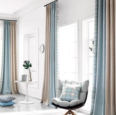 China Blackout Living Room Cotton Linen Fabric Jacquard Solid Splicing Curtain for sale