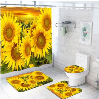 China 2022 Viable Cheap Price Hot Sale Bright Sunflower Waterproof Shower Curtain Set For Hotel Bathroom for sale