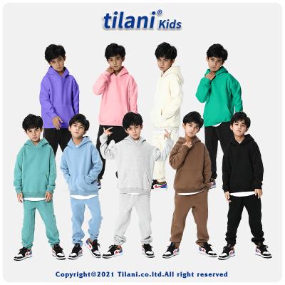 China Casual Custom White Cotton Fleece Hoodie Kids Sweatsuit 2 Pieces Thick Jogger Sweat Suits Clothing for sale