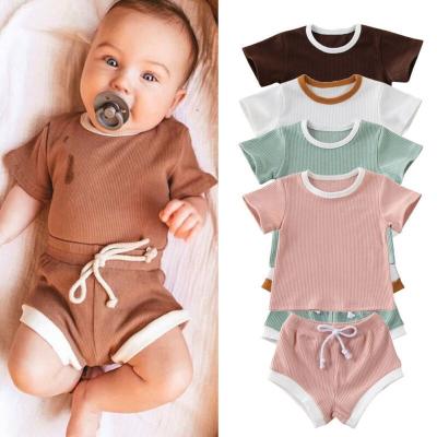 China Casual Toddler Boys Girls Summer Clothing Ribbed Knitted Short Sleeve T-shirts+shorts Sets Baby Clothes Kids Clothing for sale