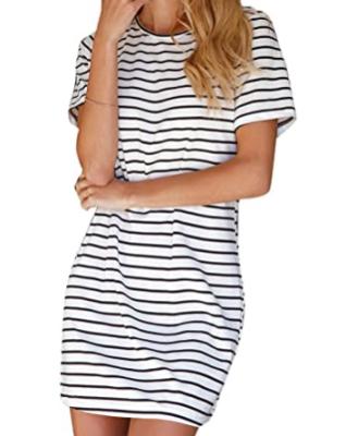 China Breathable Women's Mid Length Bottoming Shirt Skirt Casual Short Red Crewneck Dress Bodycon T-shirt Striped Short Mini Dress for sale