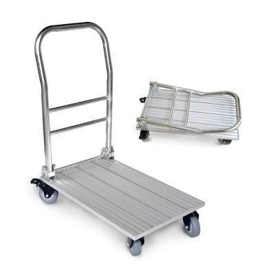 China Home Use 660lb 300kg Aluminum Silent Folding Platform Moving Cargo Cart 4 Wheel Hand Pull Aluminum Foldable Transport Cart for sale