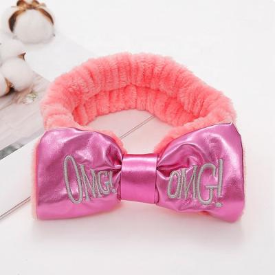 China New Large Korean Soft Bowknot Headband Velvet Face Wash Headband Soft PU Stitching OH MY GOD Makeup Hair Band for sale