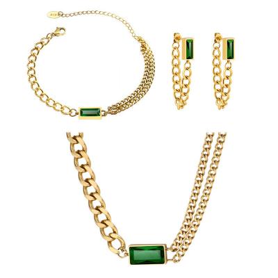 China TRENDY Fashion Jewelry Gold Plated Stainless Steel Green Zircon Cuba Chain Double Layer Necklaces For Women for sale