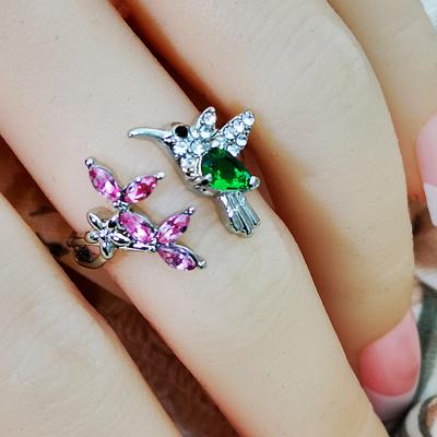 China Colorful Pink Green Zircon Ring For Wedding Crystal Flower Birds Ring Jewelry Wholesale Trendy Women's Fashion Rings for sale